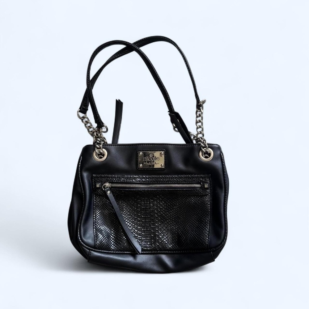 Nicole Lee Black Shoulder Bag Purse Snake Print Chain Strap Faux Leather